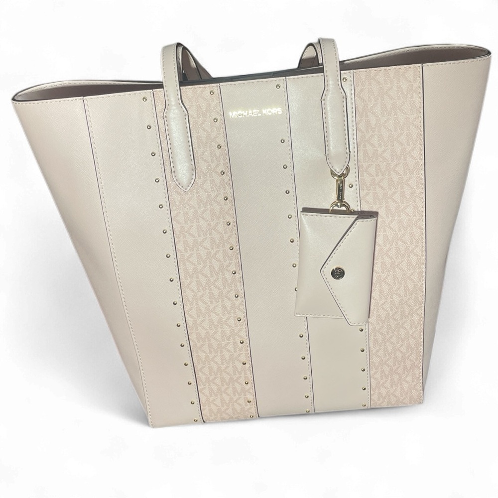 Michael Kors Cream and pink Striped pebbles Tote with Card Holder Xl